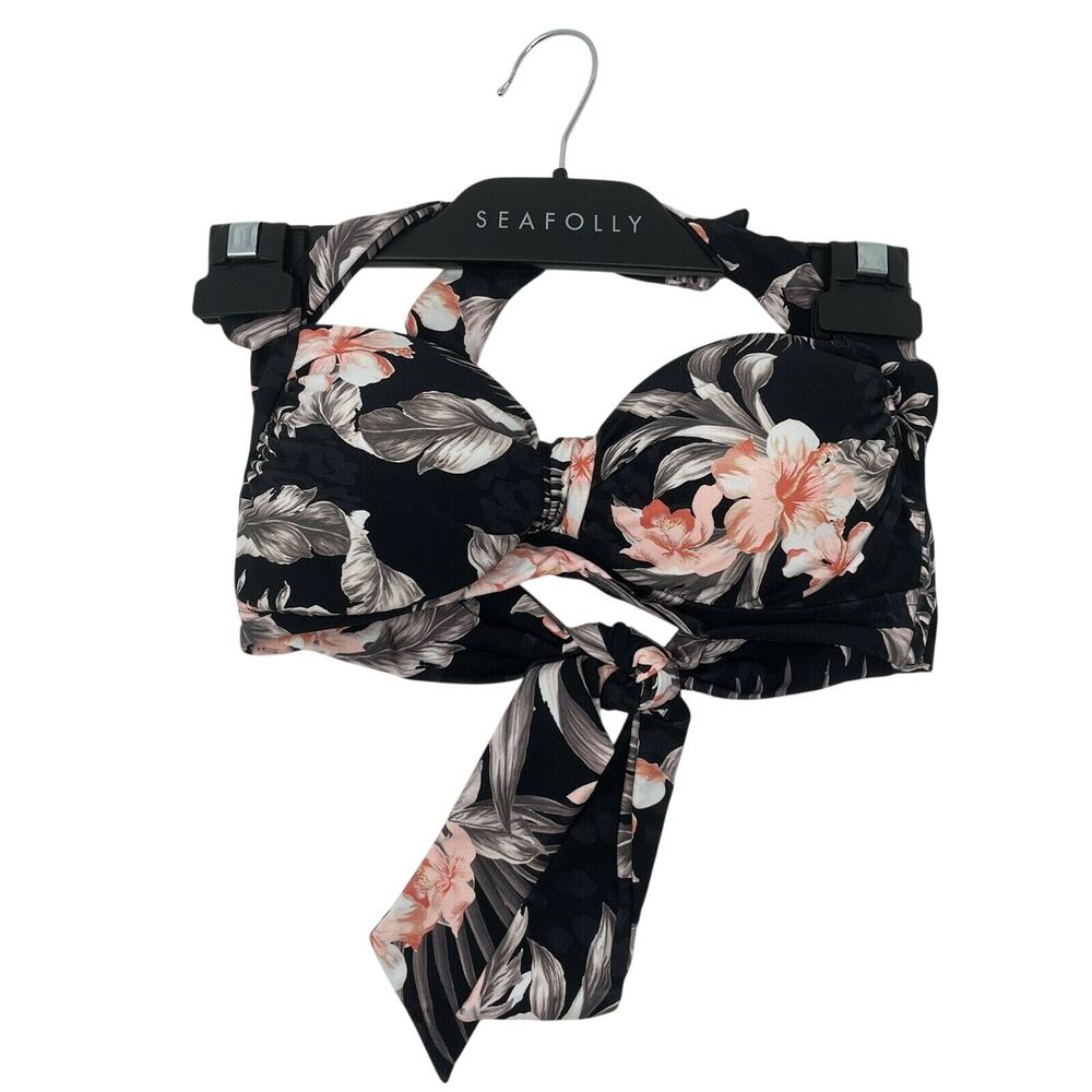 Seafolly Womens Pacifico Black Floral Bikini Halter Top Swimsuit Size 4 DD Cup